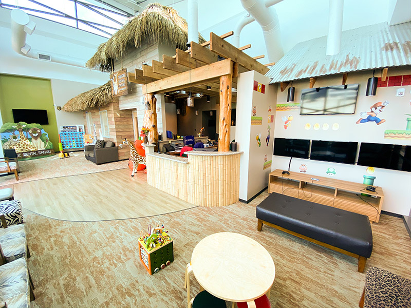 Wide view of the safari-themed reception, front desk, and children’s play area